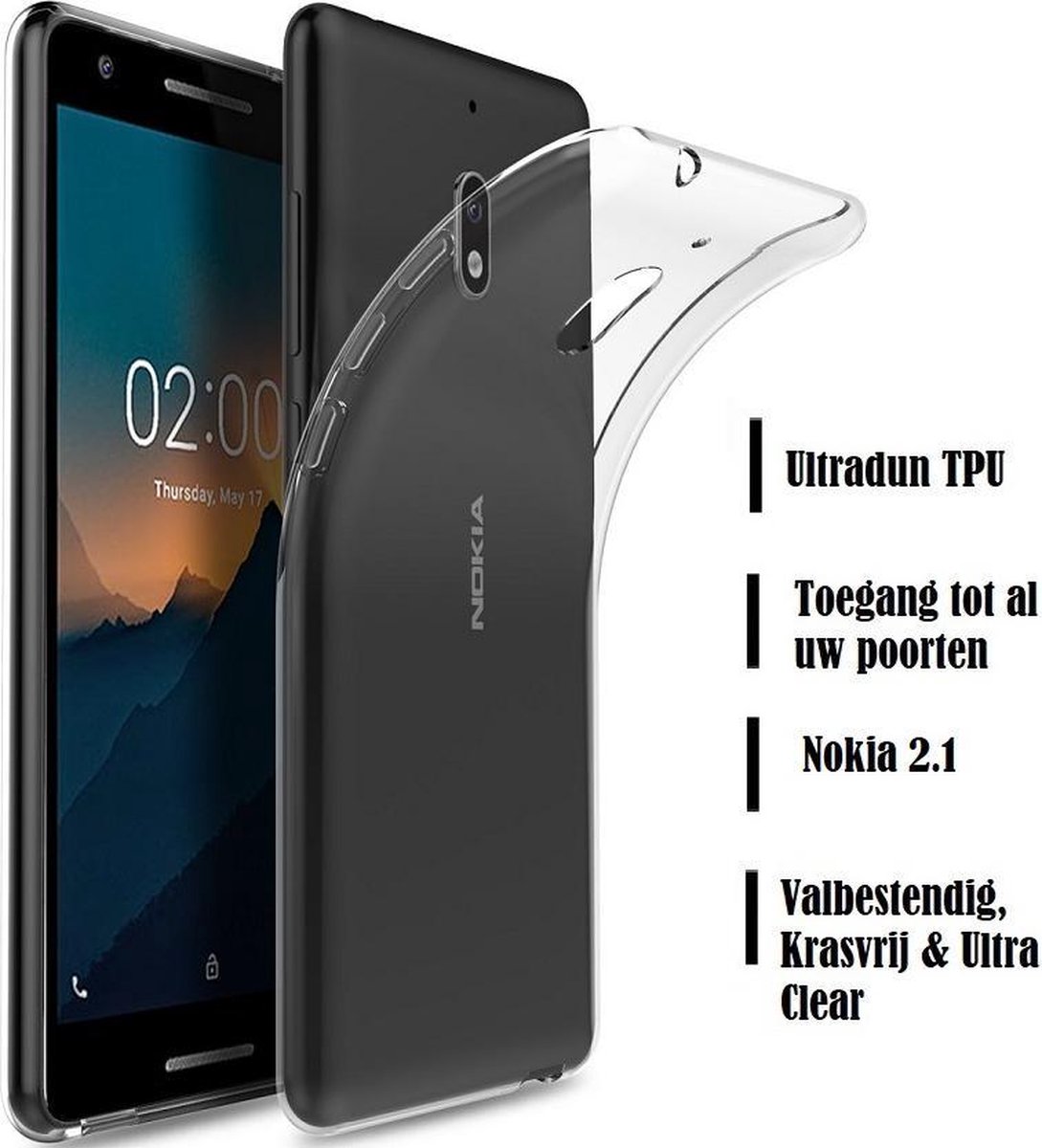 DrPhone Nokia 2.1 TPU Hoesje - Transparant Ultra Dun Premium Soft-Gel Case Transparant