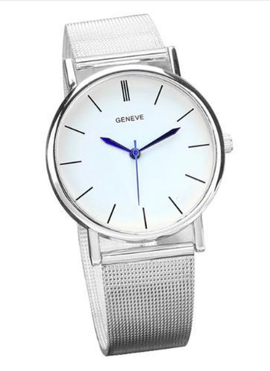 2018 Trend horloge stainless steel zilverkleurig met witte wijzerplaat en blauwe wijzers in kadoverpakking