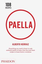Boek met 108 recepten voor paella, met de titel PAELLA in rode cirkel en PHAIDON logo.
