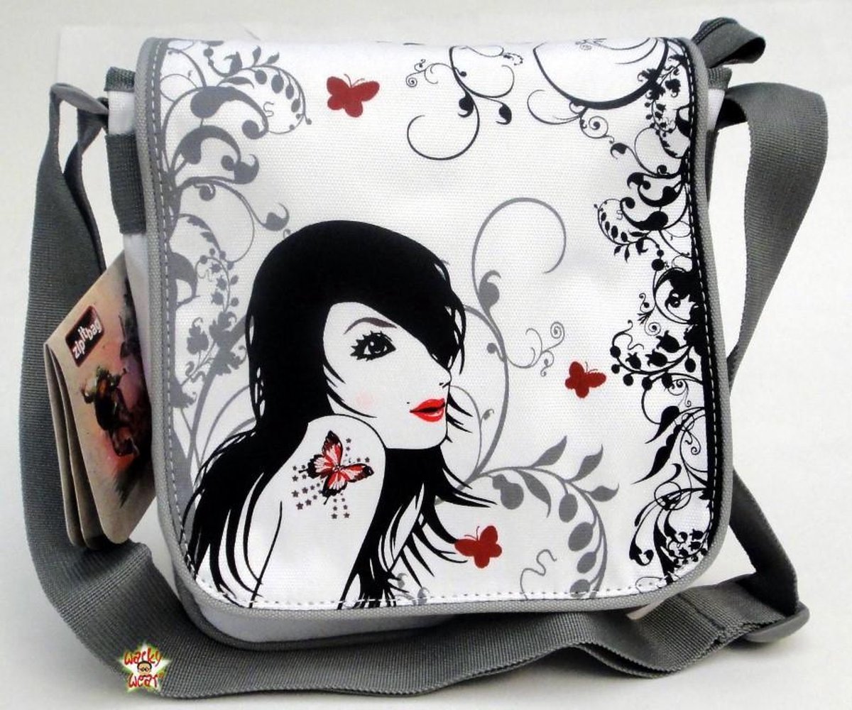 ZipIt Mariposa Omhang schoudertas wit met omkeerbare flap ! Handig formaat tas met ritsen!