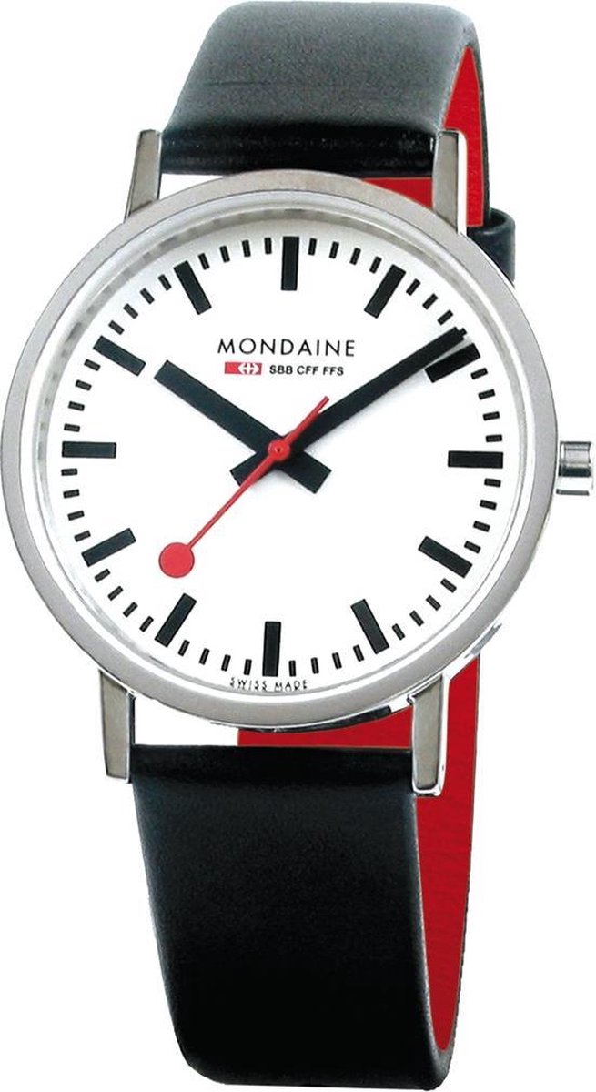 Mondaine Classic 36mm glans-wit-leer zwart