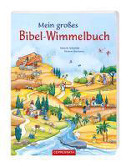 Geïllustreerd 'Mein großes Bibel-Wimmelbuch' met kleurrijke bijbelse scènes, palmbomen en een rivier.