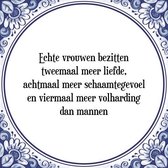 Tegeltje met Spreuk (Tegeltjeswijsheid): Echte vrouwen bezitten tweemaal meer liefde, achtmaal meer schaamtegevoel en viermaal meer volharding dan mannen + Kado verpakking & Plakha