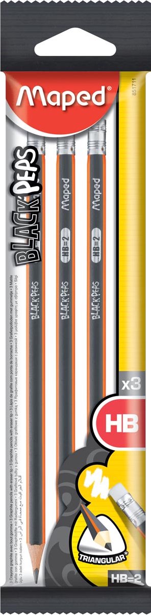 96x Maped potlood Black'Peps HB, 3 stuks op blister, met gum