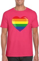 Gay pride t-shirt met Regenboog vlag in hart roze heren M