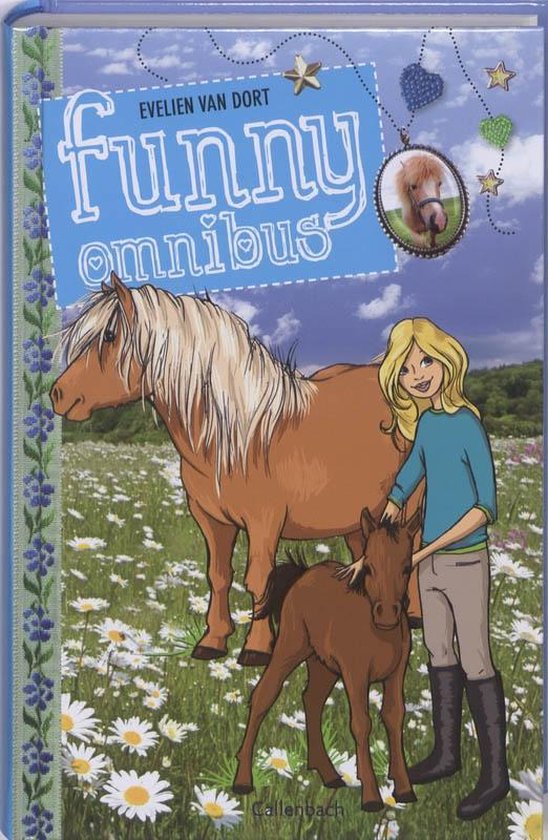 Boek "funny omnibus" met een meisje met blond haar dat naast een bruin paard en een veulen in een bloemenveld staat.