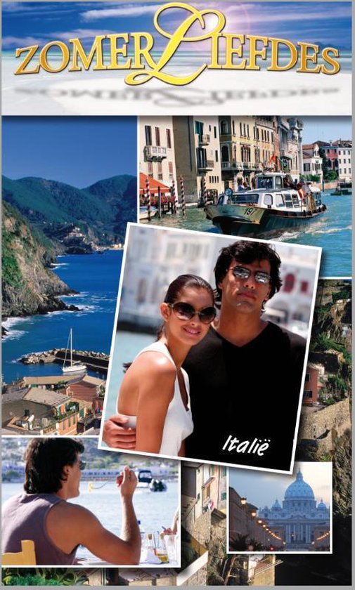 Boekomslag 'Zomerliefdes: Italië' met collage van Italiaanse scènes en een stel.