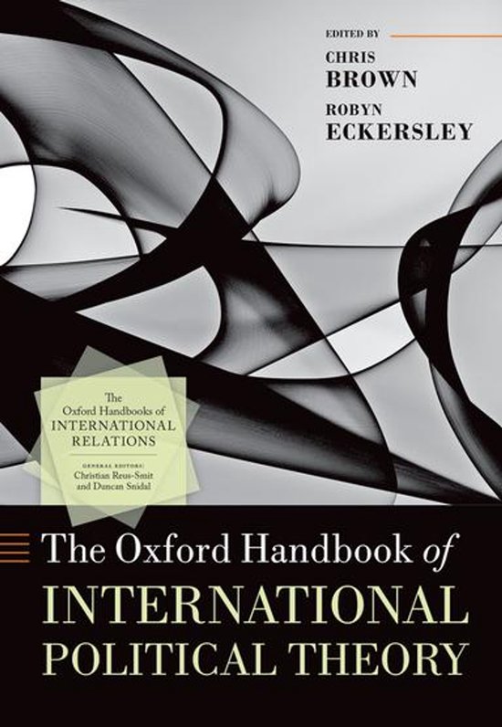 Boekomslag van The Oxford Handbook of International Political Theory met abstracte zwarte lijnen op een witte achtergrond.