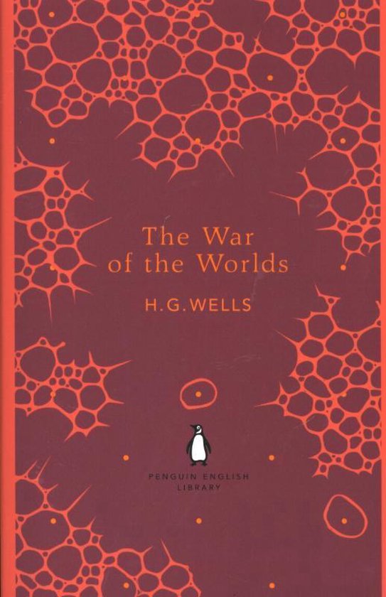 Livre "The War of the Worlds" de H.G. Wells avec une couverture rouge et un motif de cellules orange.