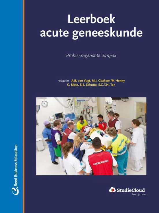Couverture du livre "Leerboek acute geneeskunde". Une photo montre une équipe médicale autour d'un patient sur un brancard dans un environnement hospitalier.