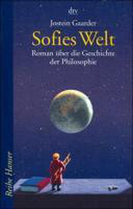Boek "Sofies Welt" met een jongen die naar een planeet kijkt.