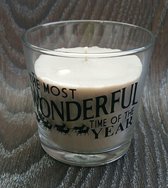 Bruine geur kaars (kaneel en vanille) met de tekst "The most wonderful time of the year"