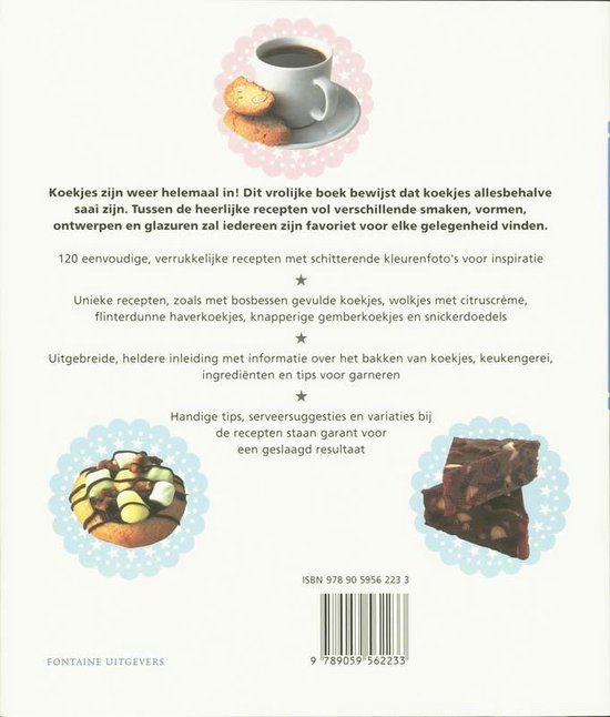 Boek met recepten voor koekjes, met afbeeldingen van koekjes, cakejes en een kop koffie.