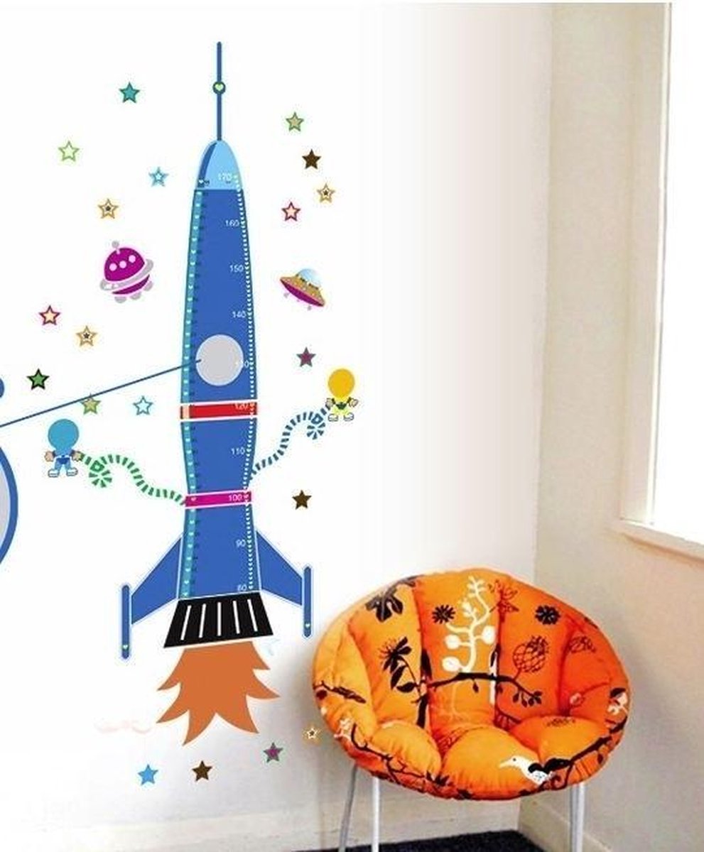 Muursticker raket groeimeter babykamer / kinderkamer blauw