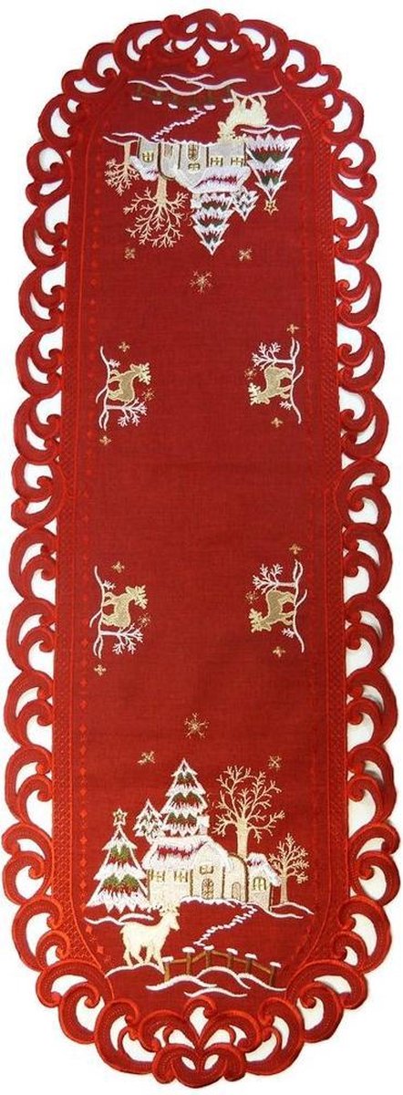 Kerstkleed - Linnenlook - Hert - Rood - Loper 110 cm x 40 cm - 8837