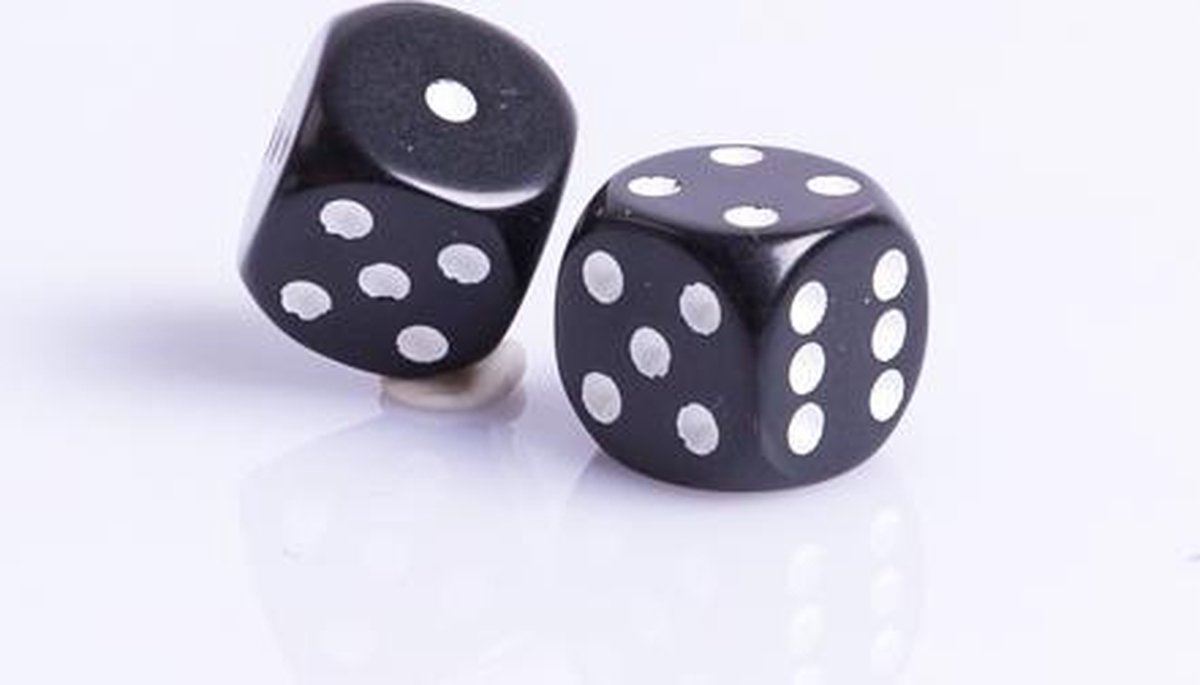 6 Vlakken Dobbelsteen Zwart met Witte Stippen 16mm Set van 12 | Games