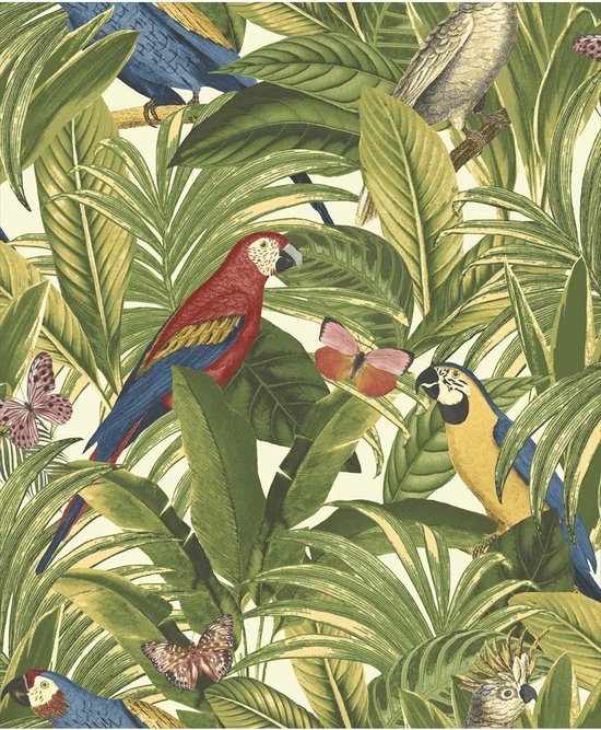 Botanical palm/papegaai groen/blauw behang | bol.com
