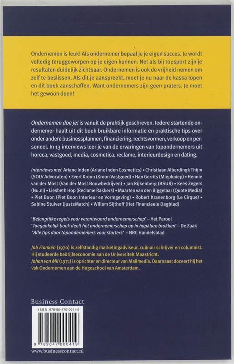 Boek met gele tekst op donkere achtergrond. Titel: 'Ondernemen doe je!' en 'Business Contact'. ISBN en website onderaan.