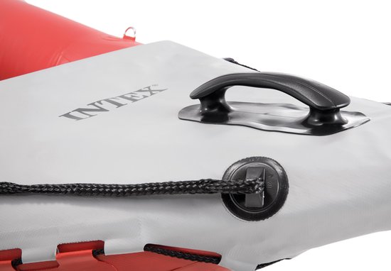 Grijze opblaasbare kajak met zwarte handgreep en koord, met 'INTEX' logo.