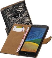 Lace Bookstyle Wallet Case Hoesjes voor Moto G5 Plus Zwart