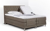 Boxspring Bonita compleet, merk Olympic Life, elektrisch verstelbaar, 180 x 210 cm, bruin, 18-delig met gecapitonneerd knopen motief hoofdbord