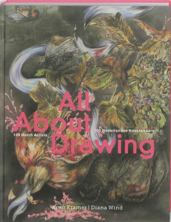 Boekomslag 'All About Drawing' met een collage van tekeningen van fruit, bladeren en een vogel.