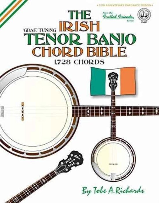 Boekhoes: 'The Irish Tenor Banjo Chord Bible', GDAE stemming, 1728 akkoorden, met Ierse vlag en banjo's.