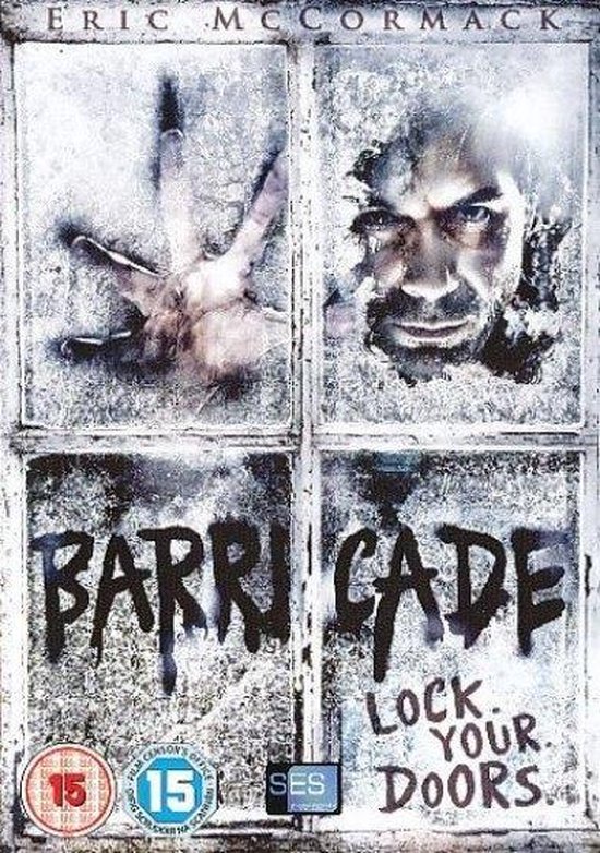 Filmcover van 'Barricade' met een mannelijk gezicht en een hand op een bevroren raam. De tekst 'BARCADE LOCK YOUR DOORS' is zichtbaar.