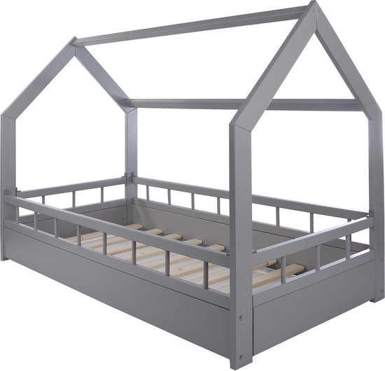 Lit en bois - Lit maison - Lit maison - lit bébé - 160x80 - gris - avec barrière
