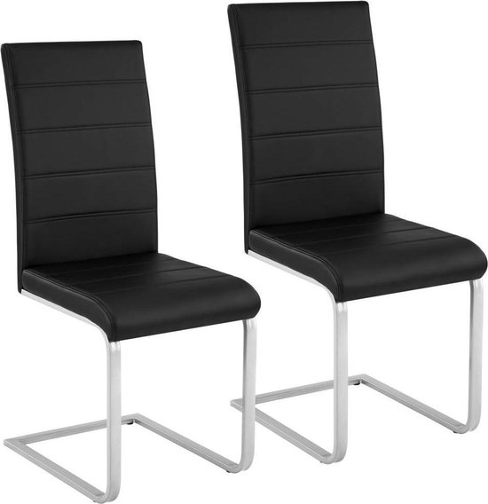 tectake® - Eetkamerstoel set van 2 - Kunstleren stoel met ergonomische rugleuning - Buisframe sledestoel - zwart