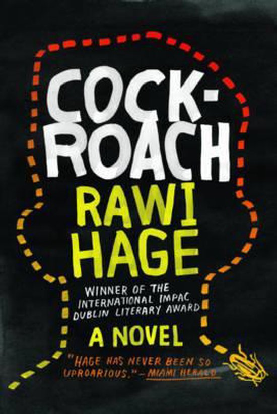 Boekcover van 'Cockroach' door Rawi Hage, met een silhouet van een hoofd in oranje en rood stippellijn.
