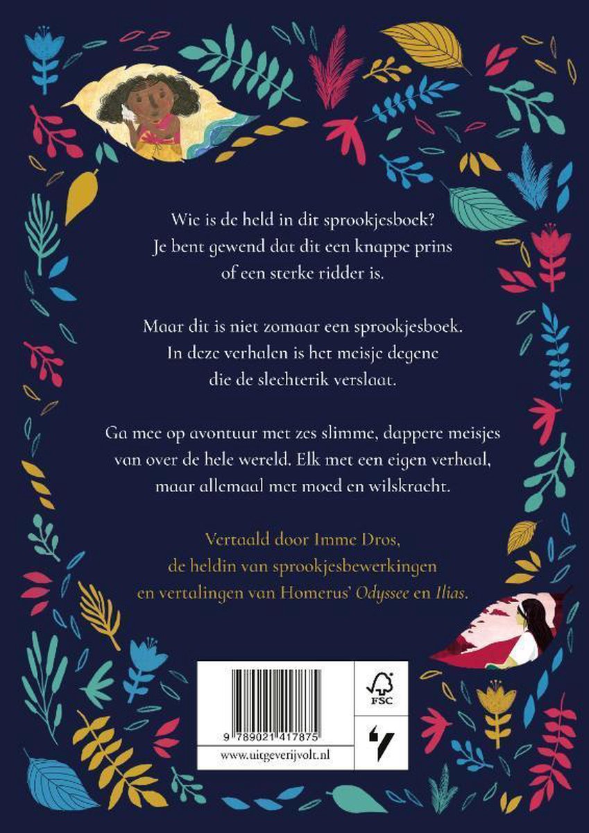 Achterkant van een kinderboek met tekst en een illustratie van een meisje met krullend haar, omringd door bladeren.