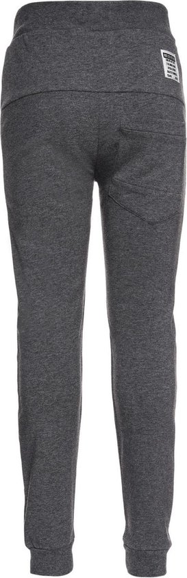 Donkergrijze joggingbroek met elastische tailleband en boorden. Achterzak met label.