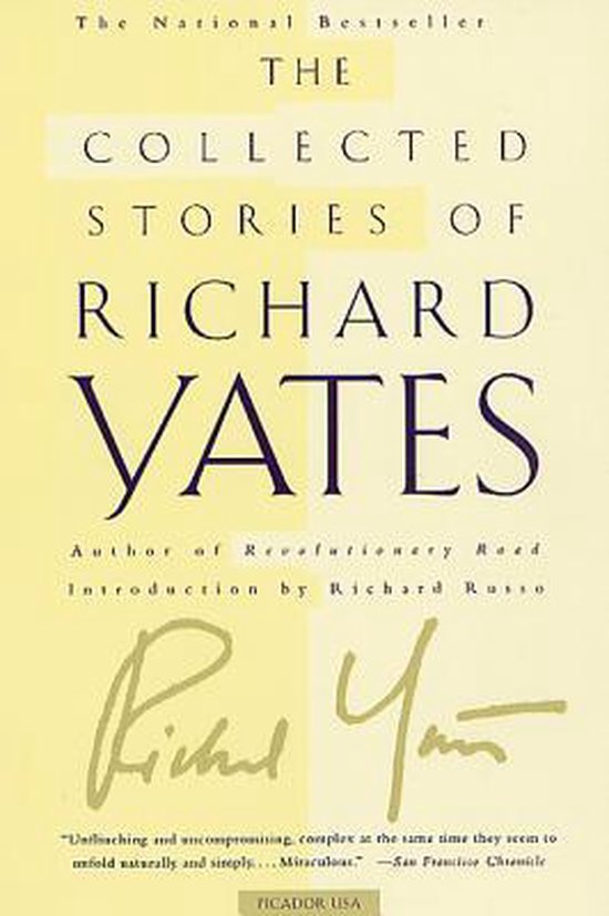 De kaft van 'The Collected Stories of Richard Yates', een nationaal bestseller, met een gele achtergrond.