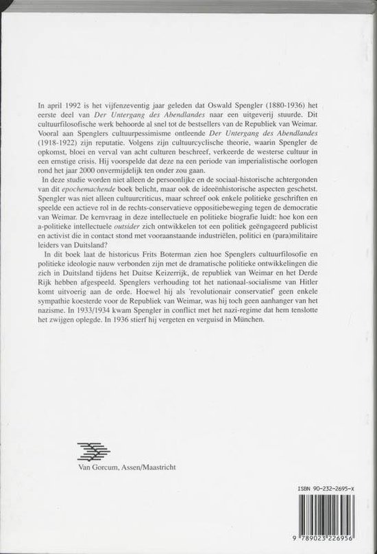Achterkant van een boek met informatie over Oswald Spengler en Frits Boterman, ISBN 90-232-2695-X.