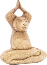 Kat in lotushouding met handen hoog, handgemaakt, hout, 19cm