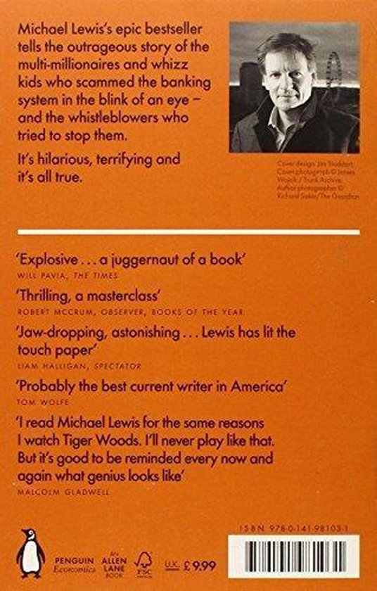 Achterkant van een boek met oranje achtergrond. Bevat tekst en een foto van de auteur, Michael Lewis.