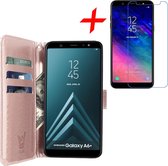 Hoesje voor Samsung Galaxy A6+ Plus (2018) Book Case met Pasjeshouder Roségoud + Screenprotector Tempered Gehard Glas - Wallet van iCall