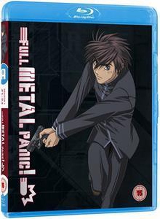 Blu-ray hoes met een anime-afbeelding van een jongeman in een donker uniform die een pistool vasthoudt. "FULL METAL PANIC!" is links naast hem geschreven.