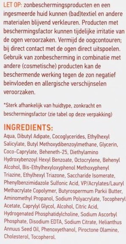 Achterkant van de verpakking van Vision Extra Care SPF 30, met waarschuwingen en ingrediëntenlijst.