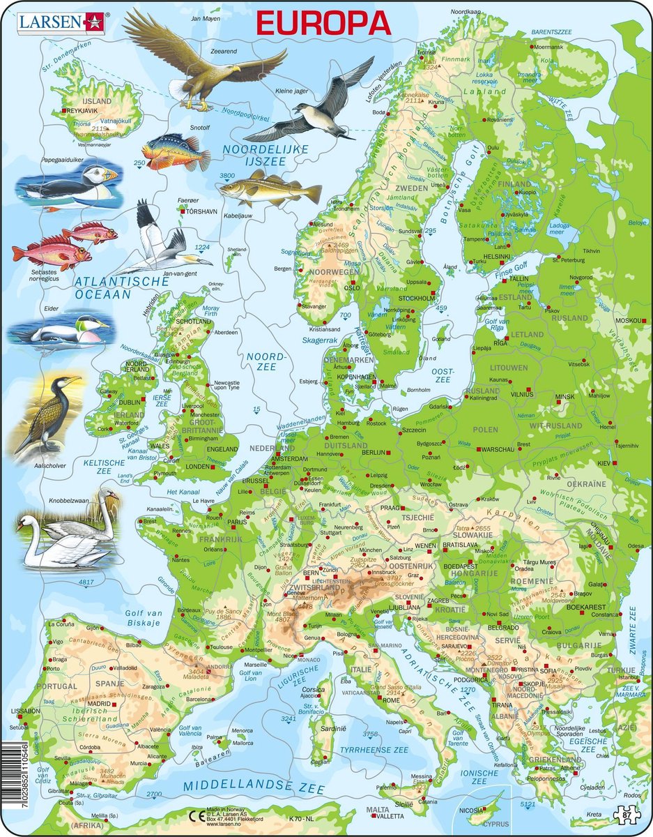 Larsen Europa geografisch met dieren – Puzzel – Kaarten & Geografie – Europa – Educatieve legpuzzel voor kinderen – 87 stukjes – Gemaakt in Noorwegen – Extra dikke 2,5 mm stukjes – Tray met vaste rand