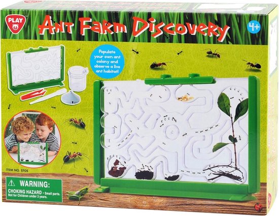 Playgo Ant Farm Discovery speelgoed. De doos toont een groen en wit ant farm met een doolhof en groene bladeren, met mieren die erin en eromheen lopen. Rechtsboven staat een 4+ leeftijdsindicatie.