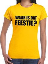 Waar is dat feestje? tekst t-shirt geel dames L