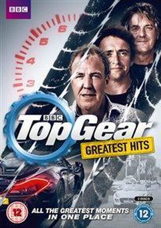 BBC Top Gear: Greatest Hits dvd hoes met drie presentatoren, een rode sportwagen en een snelheidsmeter.