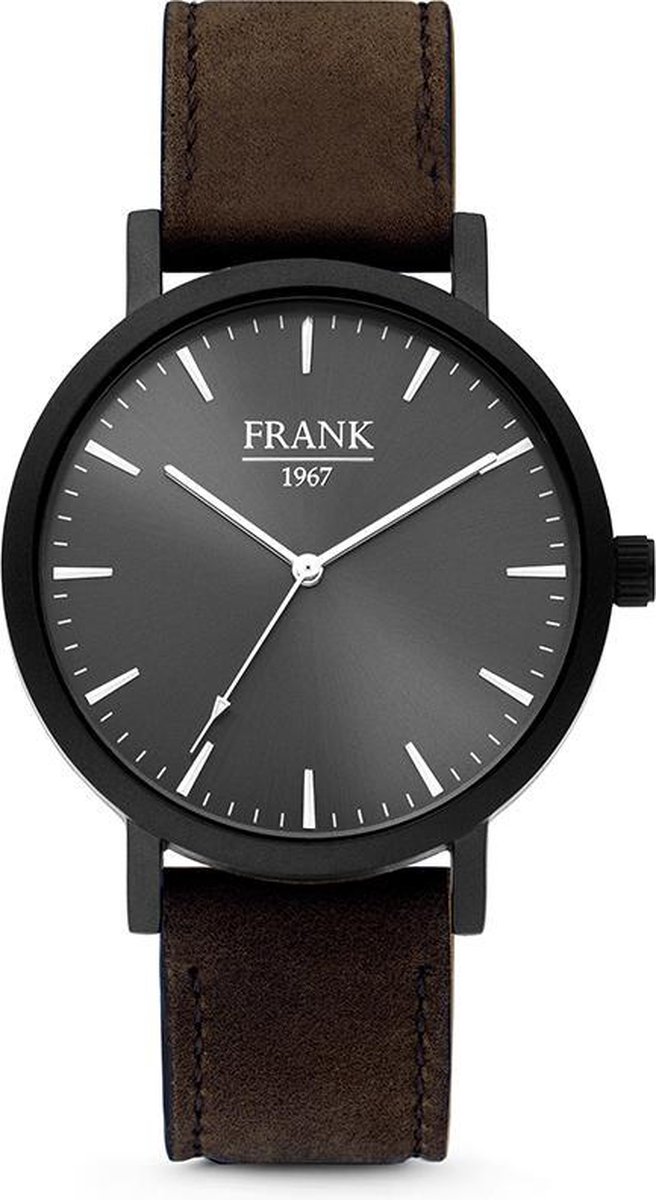 Frank 1967 7FW-0011 - Stalen horloge met lederen band - zwart en donkerbruin - Ø 42 mm