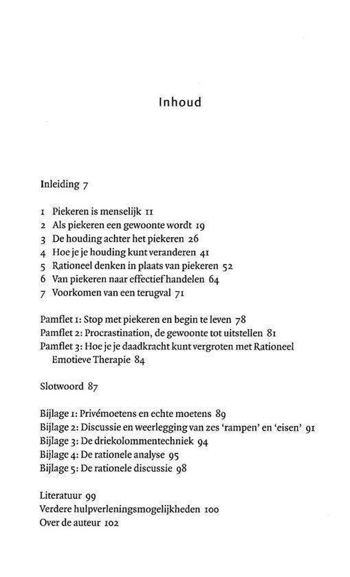 Inhoudsopgave van het boek 'Je piekert je suf'. Pagina 7.