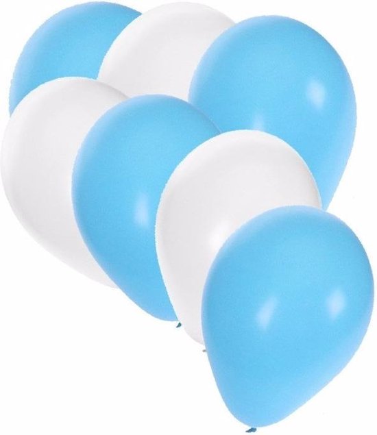30x ballonnen lichtblauw en wit - 27 cm - witte / lichtblauwe versiering
