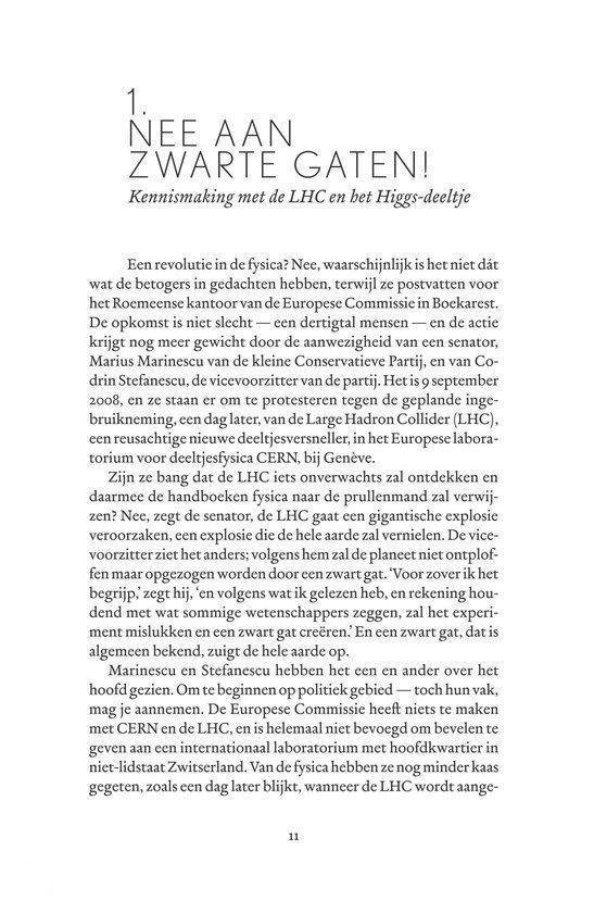 Pagina uit een boek met de titel 'NEE AAN ZWARTE GATEN!' en tekst over de Europese Commissie en de LHC.