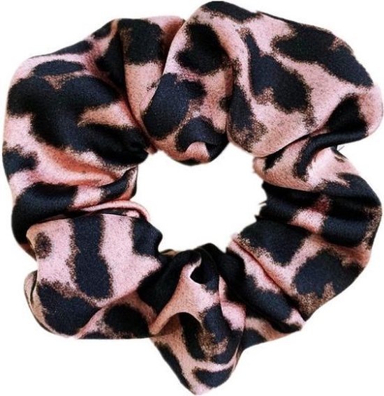Satijnen scrunchie/haarwokkel met panter/luipaard print, oud roze