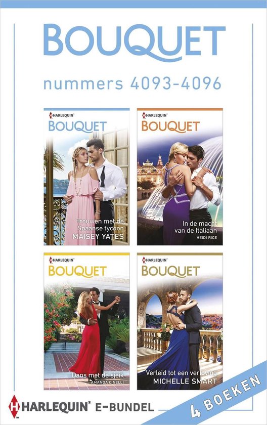 Vier Harlequin Bouquet romans in een e-bundel met romantische covers van koppels op diverse locaties.